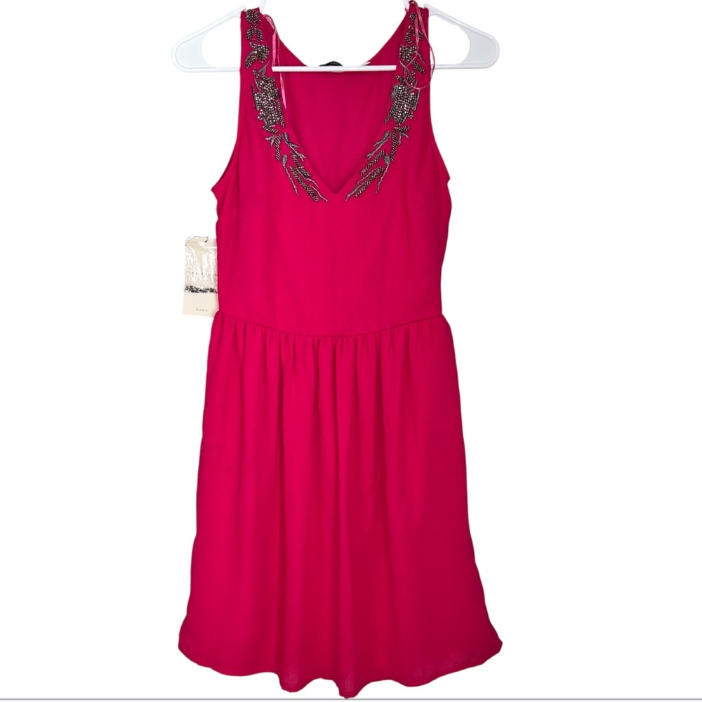ZARA Trafuluc Pink Beaded Vneck Midi Dress Women's size SMALL